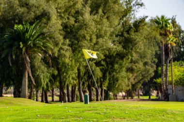 Golf sahasının üstünde sarı bir bayrak dalgalanıyor. Bayrak bir ipe bağlı ve rüzgar tarafından sallanıyor. Huzurlu ve huzurlu bir sahne.