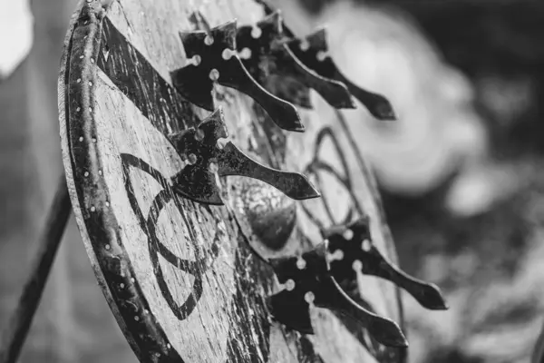 Üzerinde haç ve beş balta olan siyah beyaz bir kalkan resmi. Eksenler arka arkaya dizilmiş, ilki izleyiciye en yakın olanı. Kalkan ahşap bir standın üzerine yerleştirildi.