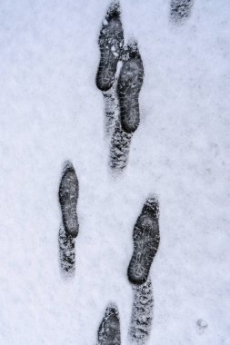 Karda bir dizi ayak izi. Hareket ve aktivite kavramı. Ayak izleri açıkça görülüyor ve taze görünüyor.