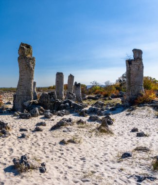 Bulgaristan 'ın Varna ilindeki Pobiti Kamania Taş Ormanı ve çöl manzarası