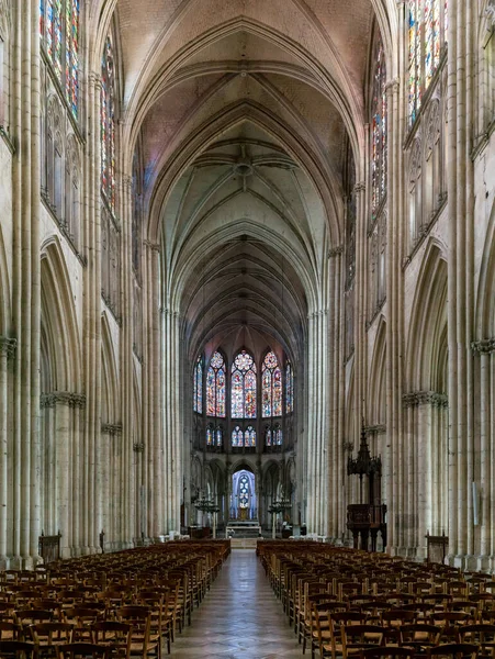 stock image Troyes, France- 13 September, 2022: view of the main altar and central nave of the Troyes Cathedral