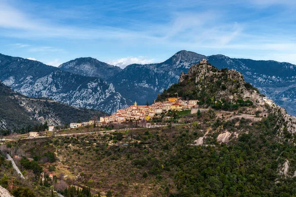 Landscape view of the idyllic coastal mountain village of Sainte-Agnes in the Alpes-Maritime region of the Cote d\'Azur in southern France