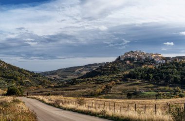 Basilicata 'daki Tolve kasabasının ön planda bir köy otoyolu manzarası