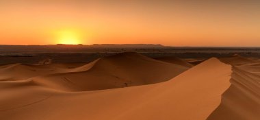 panorama landscape view of the sand dunes at Erg Chebbi in Morocco at sunset clipart