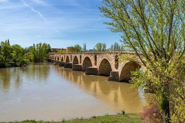 Zamora 'daki Douro Nehri üzerindeki tarihi taş köprünün manzarası