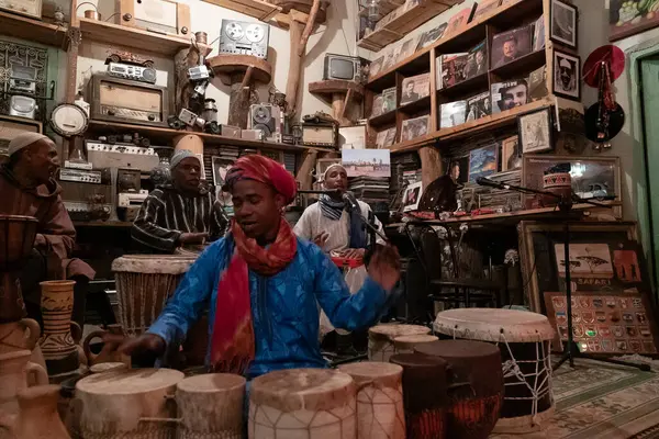 stock image Meski, Morocco - 7 March, 2024: local Moroccan musicians making music in their homemade recording studio in the village of Meski