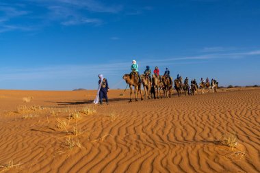 Merzouga, Fas - 9 Mart 2024: Berber rehberi Fas 'taki Sahra Çölü' ne dolambaçlı bir yolculukta bir turist grubuna liderlik ediyor.