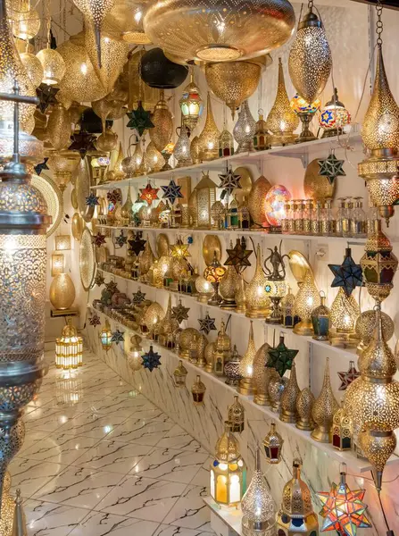 stock image Marrakesh, Morocco - 24 March, 2024: clsoe-up view of a small shop sellling Morrocan lamps in the souk of the medina of Marrakesh