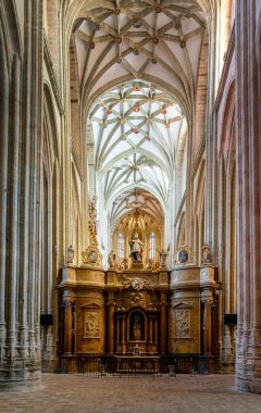 Astorga, İspanya - 12 Nisan 2024: Astorga 'daki Saint Mary Katedrali' nin kenar naf ve şapelinin dikey manzarası