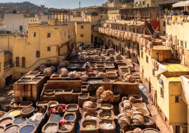 Fez, Morocco - 4 March, 2024: a general view of the Chouara Tannery in the Fes el Bali quarter of downtown Fez clipart