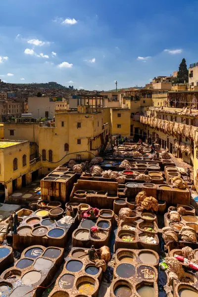 stock image Fez, Morocco - 4 March, 2024: a vertical view of the Chouara Tannery in the Fes el Bali quarter of downtown Fez