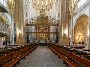 Segovia, İspanya - 7 Nisan 2024: Segovia Katedrali 'nin merkez nehrindeki sunak manzarası