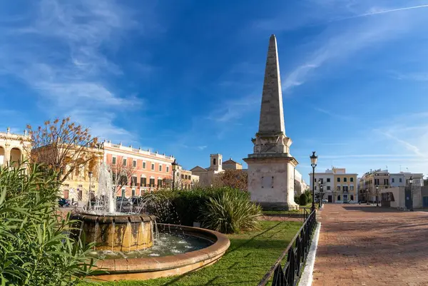 stock image Ciutadella, Spain - 26 January, 2024: view of the Ciutadella Obelisk and the Plaza Born in the historic city center