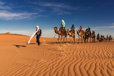 Merzouga, Fas - 9 Mart 2024: Berber rehberi Fas 'taki Sahra Çölü' ne dolambaçlı bir yolculukta bir turist grubuna liderlik ediyor.
