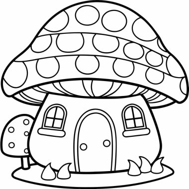 Bahçesinde mantar olan şirin bir mantar evi. Vektör illüstrasyonu beyaza izole edildi. Boyama kitabı. Çocuklar için, boyama kitabı, baskı, boyama sayfası