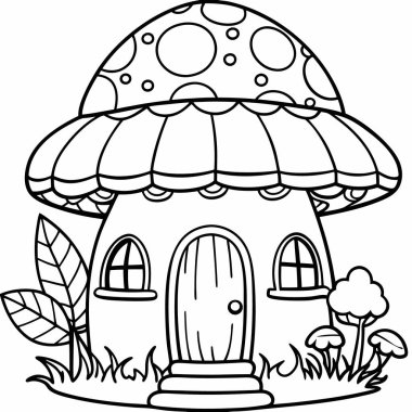 Fantezi mantar boyama kitabı olan fantezi bir mantar evinin siyah beyaz çizimi.