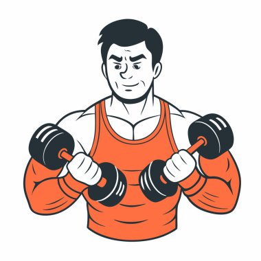 Dambılı kaslı adam. Spor, spor, vücut geliştirme. vektör çizgi film karakteri beyaz üzerinde izole edildi.