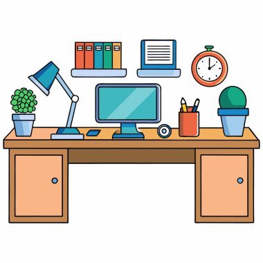 Bilgisayar ve kitap vektör illüstrasyonlu işyeri ofisi