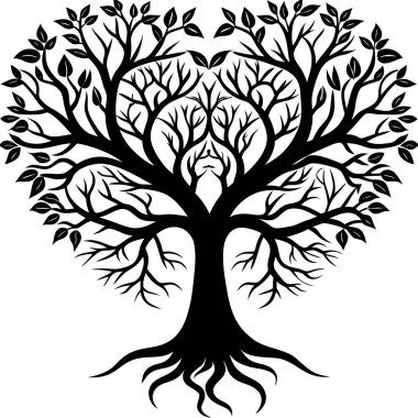 Yaprakları ve kökleri olan ağaç silueti. vektör illüstrasyonu