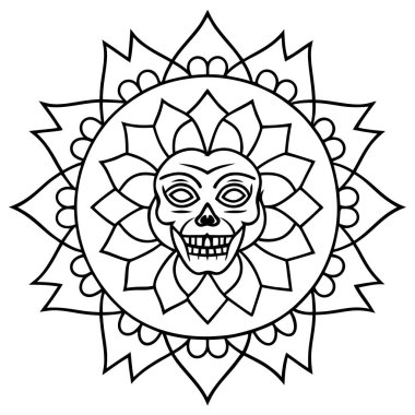 Çiçekli bir kafatasının siyah beyaz dövme çizimi