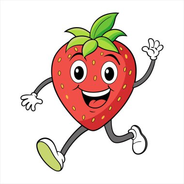 Mutlu kırmızı çizgi film çilek karakteri el sallıyor.