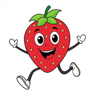 Çilekli çizgi film karakteri. Kalbi olan tatlı bir çilek. Komik kawaii suratı. Beyaz arkaplanda izole edilmiş vektör illüstrasyonu