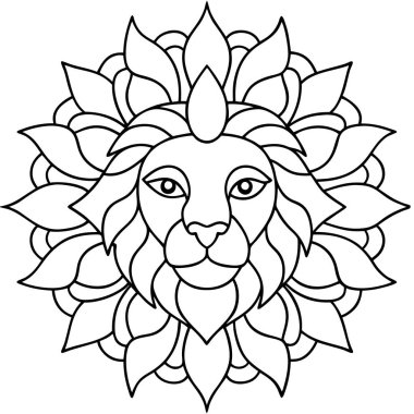 Çiçek boyama sayfası olan bir aslan. Yetişkinler ve çocuklar için boyama kitabı.