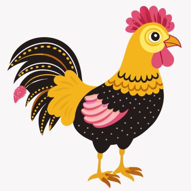 Renkli tüyleri olan şirin bir horoz. karikatür vektör çizimi beyaz üzerine izole edildi.