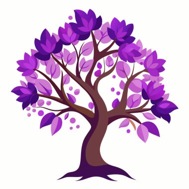 Beyaz arka planda mor çiçekli ağaç.