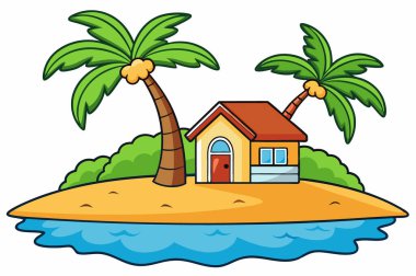 Palmiye ağacı olan bir evin karikatür çizimi.