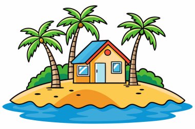 Palmiyeli ev ve sahil karikatürü