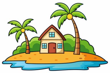 Palmiyeleri ve kumsalı olan ev adası.