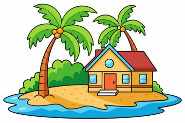 Ağacı ve palmiye ağacı olan bir sahil evi.