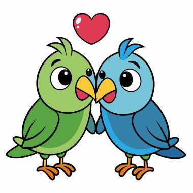 Kalp vektörü çizimi olan sevimli bir kuş çifti.