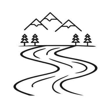Ağaçlı vektör dağ yolu. el çizimi siyah ve beyaz çizim.