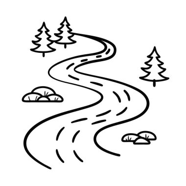Ağaçlarla çizilmiş yol. Ağaçların tasarımı ve dekorasyonu için çizgi film tarzında vektör illüstrasyonu.