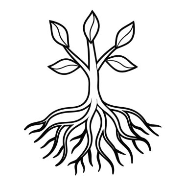 Yaprakları ve kökleri olan bir bitki. Beyaz arkaplanda izole edilmiş vektör illüstrasyonu.