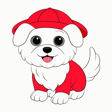 Kırmızı şapkalı şirin köpek, vektör çizimi, çizgi film karakteri.