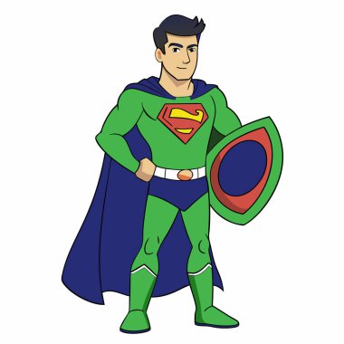 Süper kahraman adamın durduğu ve süper kahramanına baktığı vektör karikatür çizimi.