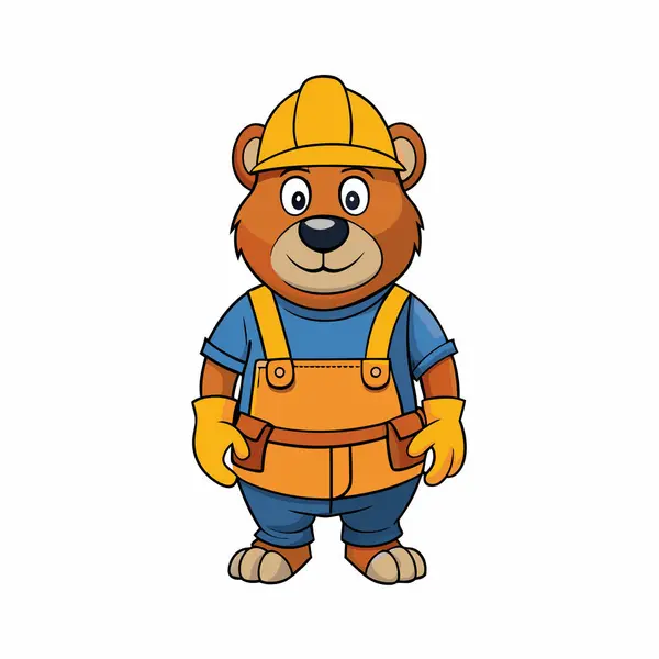 Sert bir şapka takan ve elinde büyük bir alet tutan sevimli bir inşaat işçisinin çizgi film çizimi.