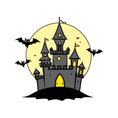 Cadılar Bayramı kalesi ve hayaletinin vektör çizimi. Cadılar Bayramı konsepti