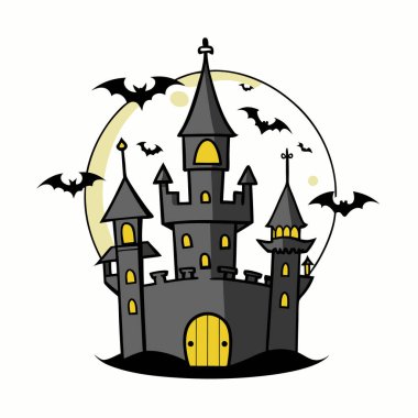 Ay 'daki cadılar bayramı şatosu ve kalede yarasa vektör çizimi tasarımı
