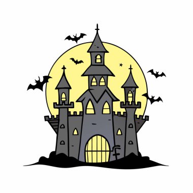 Gecenin cadılar bayramı şatosu. Yarasalar ve ay vektör çizimi.
