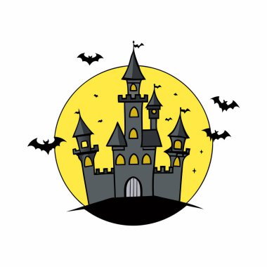Cadılar Bayramı şatosu yarasalar ve balkabağı vektör illüstrasyon tasarımı