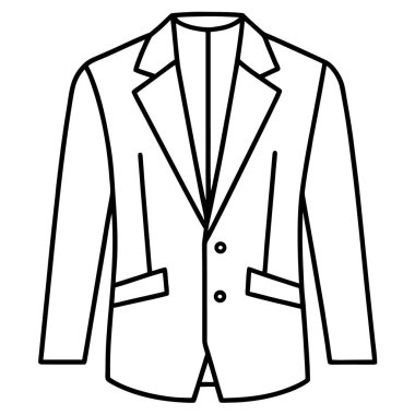 Resmi bir ceketin minimalist tasviri, basit siyah çizgi sanat tarzı, beyaz arka planda izole edilmiş, moda ikonları için vektör tasarımı, giyim bilgisi, ya da giyim markası markası.