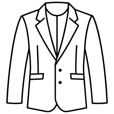 Resmi bir ceketin minimalist tasviri, basit siyah çizgi sanat tarzı, beyaz arka planda izole edilmiş, moda ikonları için vektör tasarımı, giyim bilgisi, ya da giyim markası markası.