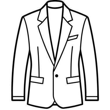 Resmi bir ceketin minimalist tasviri, basit siyah çizgi sanat tarzı, beyaz arka planda izole edilmiş, moda ikonları için vektör tasarımı, giyim bilgisi, ya da giyim markası markası.