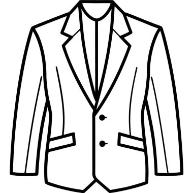 Resmi bir ceketin minimalist tasviri, basit siyah çizgi sanat tarzı, beyaz arka planda izole edilmiş, moda ikonları için vektör tasarımı, giyim bilgisi, ya da giyim markası markası.