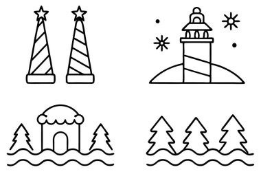 deniz feneri ve ağaç simgesi, ince çizgi tarzı