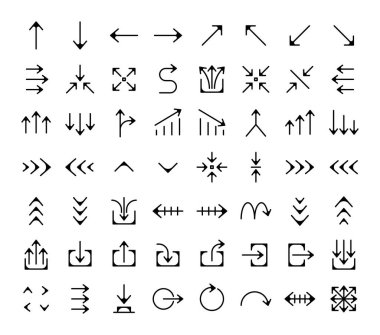 Siyah ok simgeleri taslak biçiminde. İşaretler, işaretler, komutlar ve komutlar için çeşitli siyah ok simgelerinin koleksiyonu.